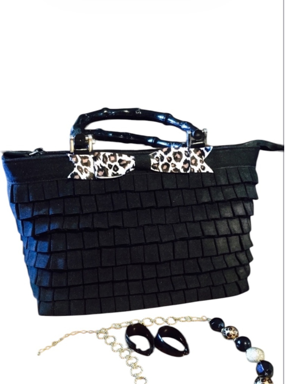 Black Ribbon Purse w Cheetah Bow BRACIANO